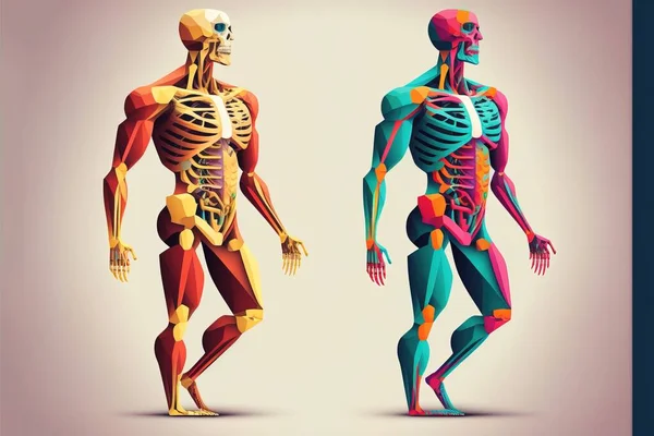 A couple of human body systems standing next to each other on a white background with a blue border realistic anatomy an ambient occlusion render figurativism