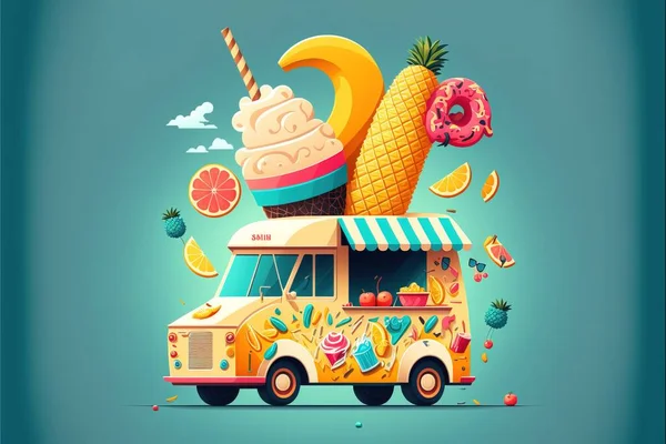 A food truck with a large ice cream sundae on top of it\'s roof colorful flat surreal design art lyco art
