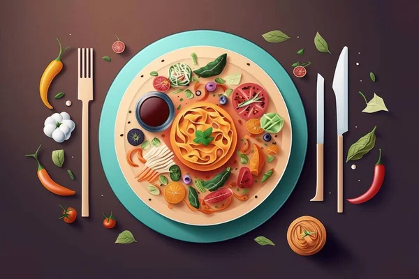 A plate of food with a fork and knife on it with a knife and fork next to it colorful flat surreal design a 3d render lyco art