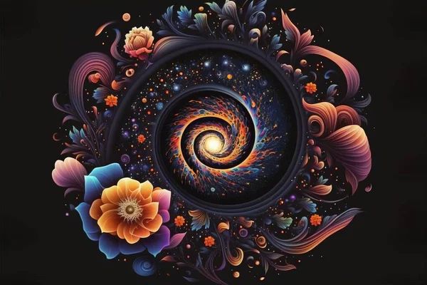 A painting of a spiral design with flowers and leaves on a black background with a light in the center spirals a detailed painting space art