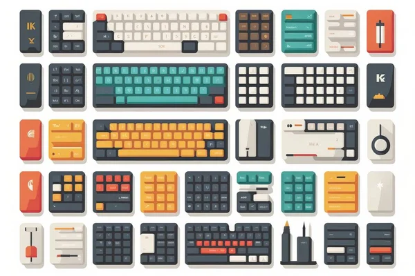A set of computer keyboards and mouses with different types of keys and numbers on them game art computer graphics computer art