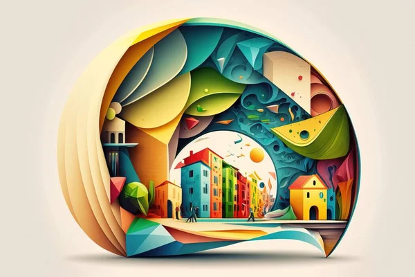 A colorful paper cut art of a city with buildings and mountains in the background with a circular shape colorful flat surreal design a storybook illustration psychedelic art