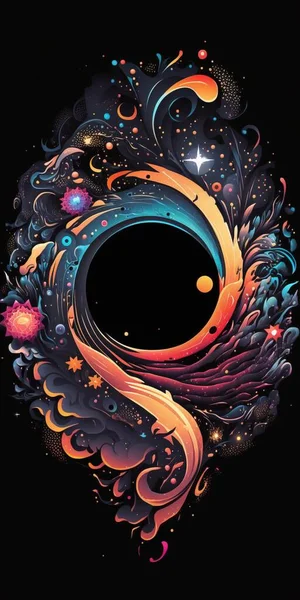A black background with a circular design with a black center surrounded by colorful swirls galaxy a detailed painting space art