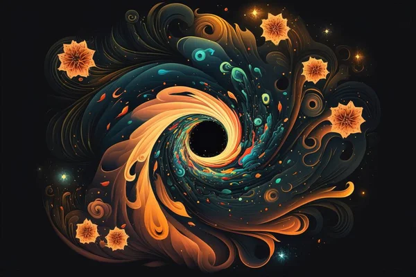 A colorful swirl with stars and bubbles on a black background with a black background and a black background spirals a detailed painting space art