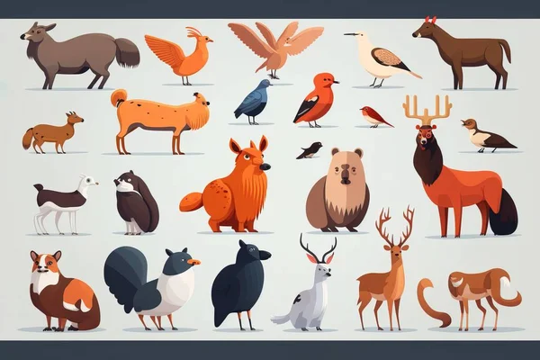 A collection of different types of animals and birds in different colors and sizes all standing together birds a storybook illustration furry art