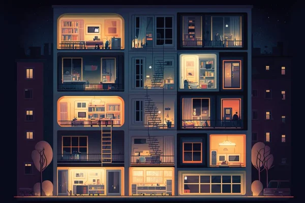 A building with many windows and lights at night time with a lot of windows 2 d game art pixel art pixel art