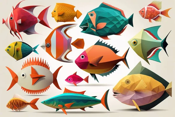 A group of colorful fish on a white background with a shadow effect in the middle colorful flat surreal design computer graphics generative art