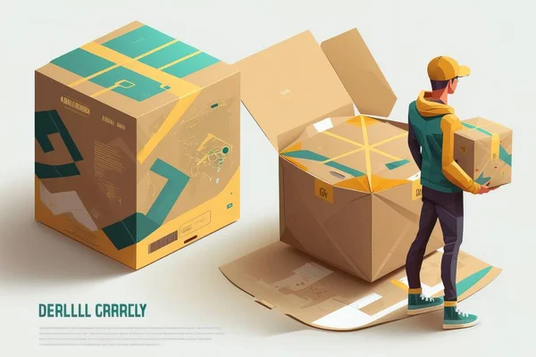 A man standing next to a cardboard box and a cardboard box with a cardboard box inside liam brazier a character portrait geometric abstract art
