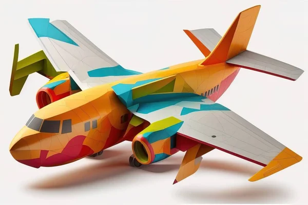 A colorful paper model of a plane on a white background with a shadow of the plane low poly a 3d render international typographic style