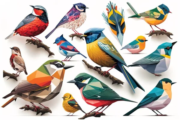 A group of colorful birds sitting on top of each other on a branch in a group birds a jigsaw puzzle generative art