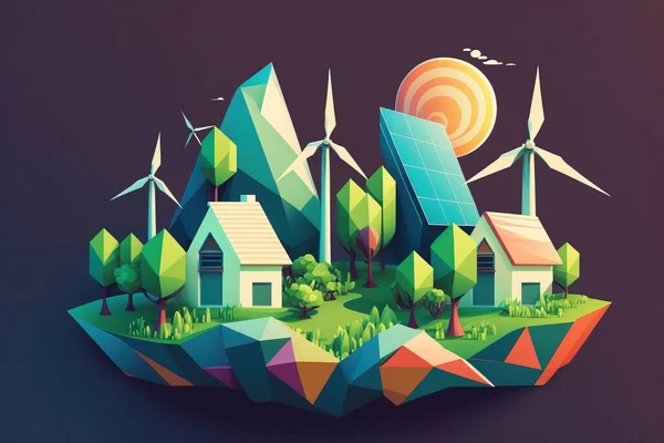 A low polygonal landscape with houses and windmills on a hill with trees and grass solarpunk art environmental art