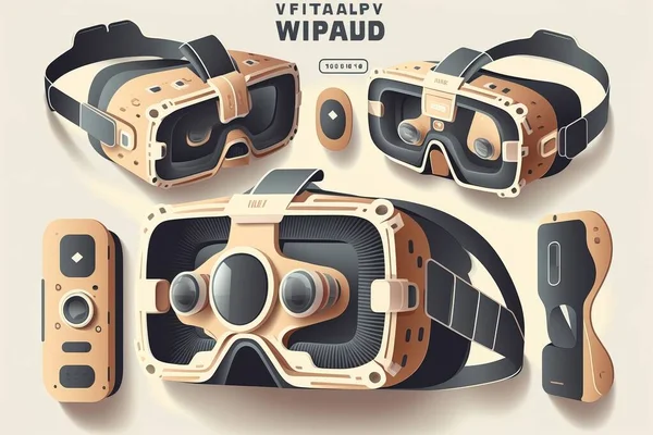 A set of virtual reality headsets and accessories for a virtual game or video game 3 d art retrofuturism
