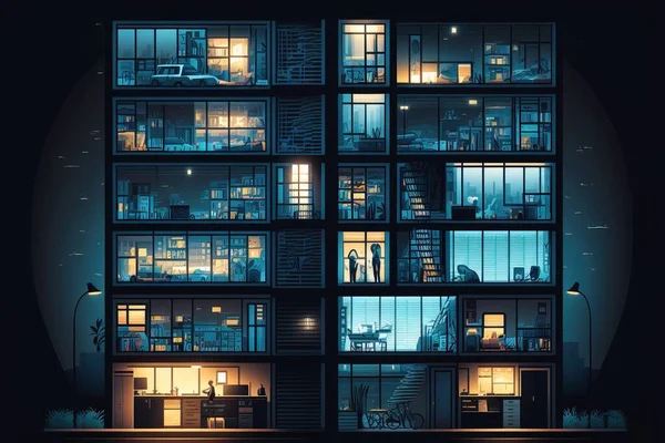 A large building with many windows and lights inside of it at night time with people in the windows detailed illustration pixel art computer art
