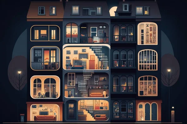 A house with many windows and stairs in the night time with a staircase leading to the upper floor 2 d game art a storybook illustration maximalism