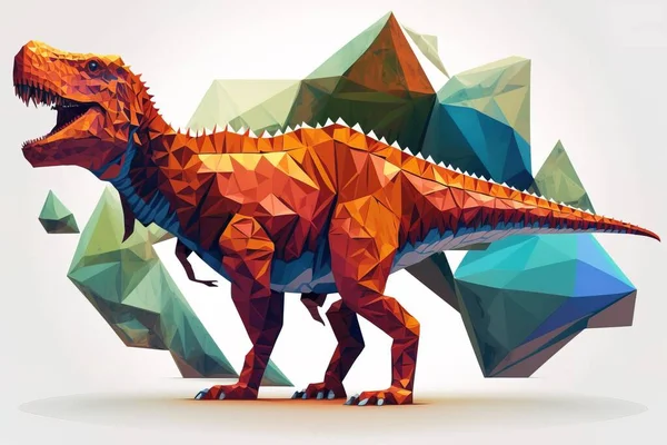 A colorful dinosaur standing in front of a mountain of rocks and triangles of different colors low poly a low poly render generative art