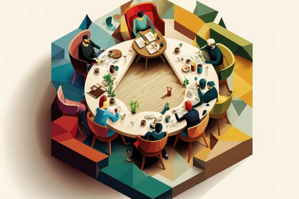 A group of people sitting around a table with a circular table top on it surrounded by colorful geometric shapes editorial illustration a digital rendering objective abstraction
