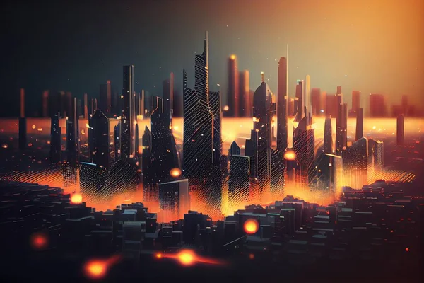 A city with a lot of tall buildings and lights in the sky at night time cinematic matte painting a detailed matte painting futurism