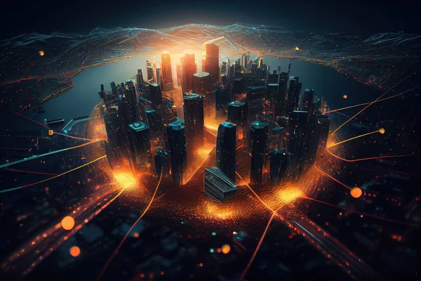 A futuristic city with a lot of lights and buildings in the middle of it redshift render a 3d render holography