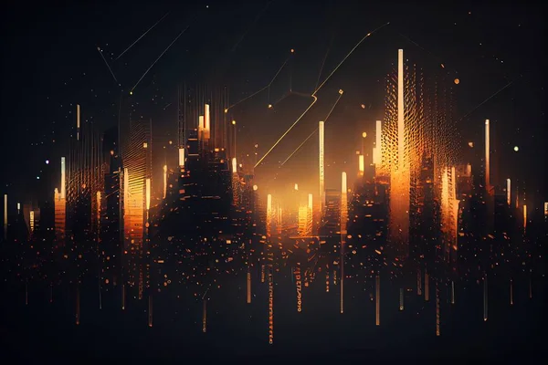 A city skyline with lines and dots in the sky at night time with a bright orange glow volumetric lights a 3d render futurism