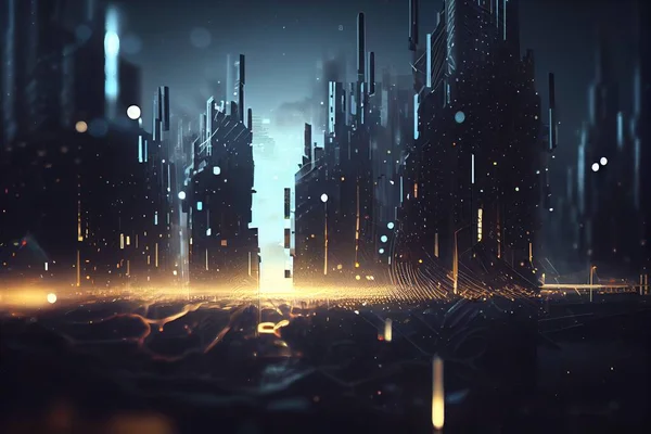 A futuristic city with a lot of lights and buildings in the background at night time volumetric lights a detailed matte painting generative art
