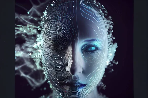 A woman\'s face with a futuristic design on it\'s face and a blue background redshift render a computer rendering holography