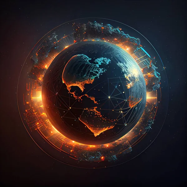 A digital image of a globe with lights around it and a dark background with a blue and orange hue cgstudio a hologram space art