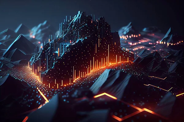 A futuristic mountain with a neon glow on it\'s face and a line of lights coming out of it liam brazier computer graphics generative art