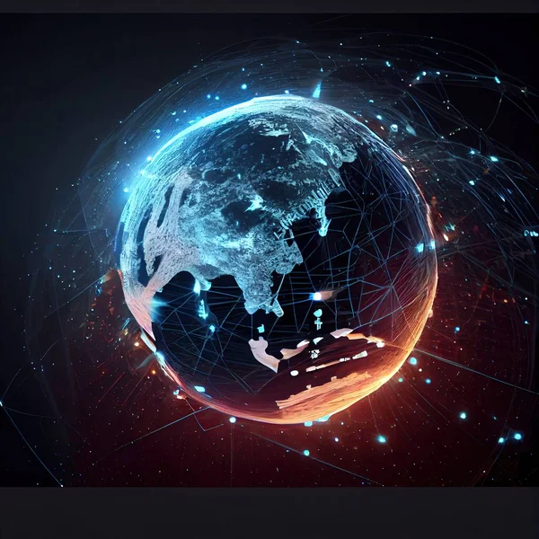 A globe with a network of dots around it and a black background with a red and blue background affinity photo computer graphics computer art