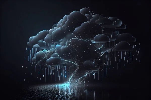 A tree with a lot of rain coming out of it's branches and a lightning coming out of it thunderstorm a 3d render computer art