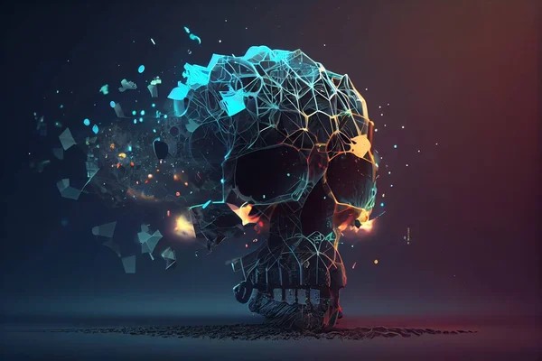 A skull with a broken head and glowing lights in the background with a dark background cinema 4 d a 3d render generative art