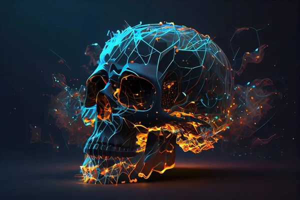 A skull with a glowing face and a blue background with orange lines and dots around it skull a 3d render vanitas