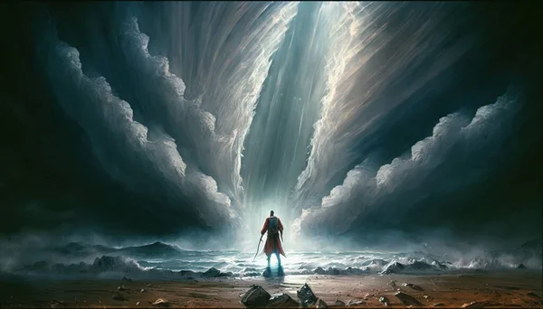 A man standing in front of a giant cloud with a giant light coming out of it matte painting concept art a detailed matte painting fantasy art