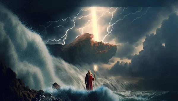 A man standing on a wave in the ocean with a lightening above him and a giant wave crashing behind him matte fantasy painting a matte painting fantasy art