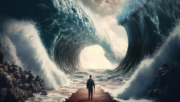 A man standing in front of a giant wave in the ocean with a man standing in the middle of the wave cinematic matte painting a detailed matte painting fantastic realism