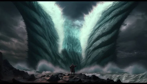 A man standing in front of a giant monster like creature in the ocean with a man standing in front of it matte painting concept art a detailed matte painting fantasy art