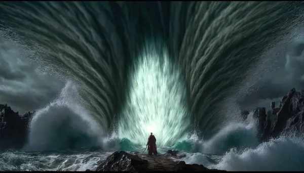 A man standing in front of a huge wave in the ocean with a light at the end matte painting concept art a matte painting metaphysical painting