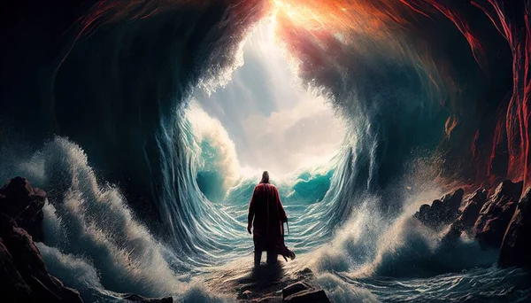 A man standing in a tunnel of water with a red cape on his head and a red cape on his head cinematic matte painting a detailed matte painting rayonism