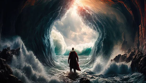 A man standing in a large wave in a cave with a red cape on his head imax 70 mm footage poster art symbolism