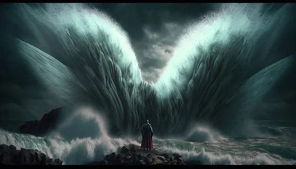 A man standing on a rock in front of a huge wave in the ocean with a person standing on it matte fantasy painting a matte painting fantasy art