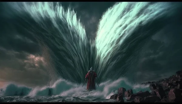 A man standing in the middle of a large wave in the ocean with a giant cloud in the background matte fantasy painting a detailed matte painting fantasy art