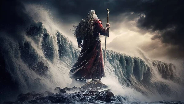 A man standing on top of a mountain in the ocean with a staff in his hand cinematic matte painting a matte painting fantasy art