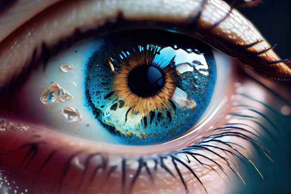 A close up of a blue eye with drops of water on it\'s iris highly detailed digital painting a 3d render photorealism