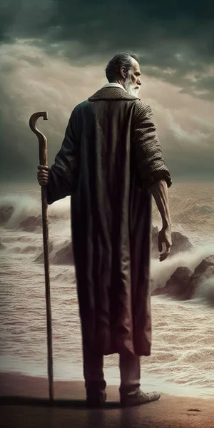 A man with a cane standing on a beach next to the ocean with a giant head key art a detailed matte painting fantasy art