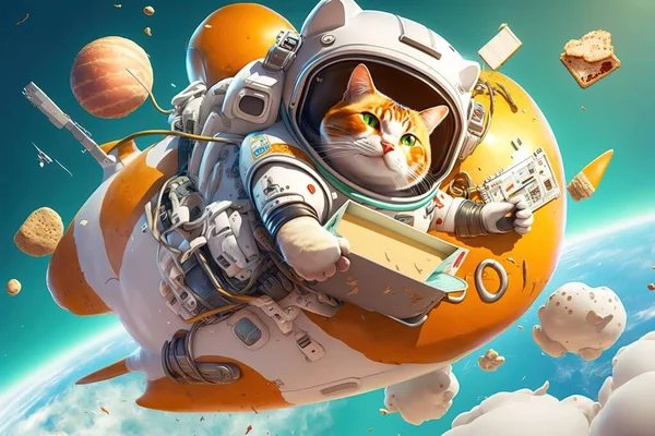 A cat in a space suit floating in the sky with a space shuttle and planets highly detailed digital painting computer graphics space art