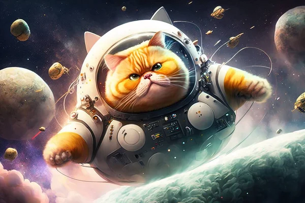 A cat in a space suit is floating in the air with planets around him and a planet in the background space an airbrush painting space art