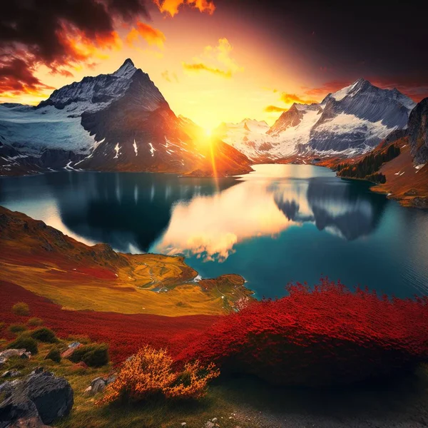 A beautiful sunset over a mountain lake with red flowers in the foreground and a mountain range in the background beautiful landscape a matte painting color field