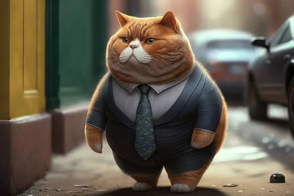 A cat in a suit and tie standing on a sidewalk next to a car and a building stylized computer graphics furry art