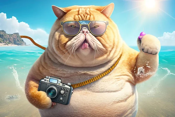 A cat with a camera and a camera in his hand on the beach with the sun shining highly detailed digital painting a character portrait photorealism