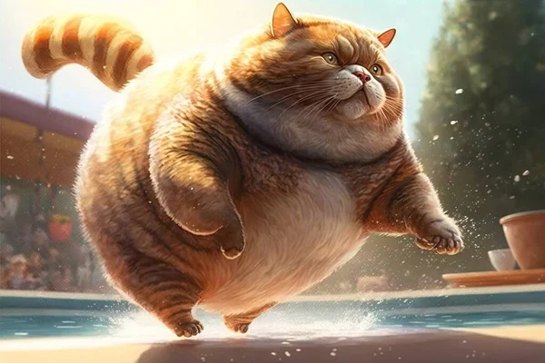 A cat is jumping into a pool with a cat on its back legs and a cat on its back legs league of legends splash art a fine art painting furry art