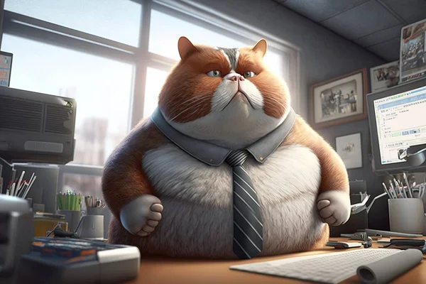 A cat in a tie sitting at a desk with a computer and a monitor on it cory loftis a character portrait furry art